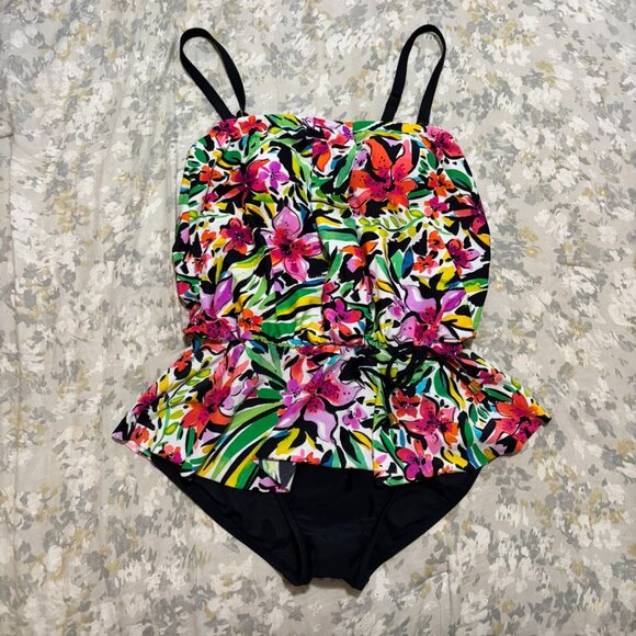 Maxine of Hollywood Floral One Piece Swimsuit Size 10 Tropical Print Peplum Swim - Picture 1 of 7